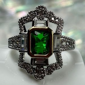 Emerald birthstone With cz’s in sterling silver antique replica ring